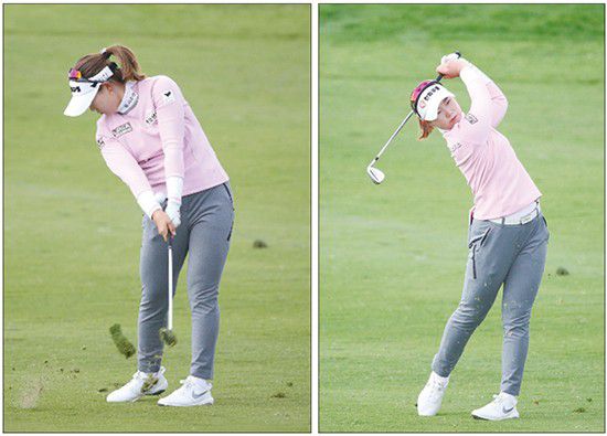 임희정은 정교한 아이언샷을 위해 오른 무릎이 임팩트 시 앞으로 밀려나가면 절대 안 된다고 조언한다. 임희정의 스윙 모습을 보면 오른 무릎이 잘 잡혀 있고 오른발이 최대한 늦게 지면에서 떨어지는 것을 볼 수 있다. 임희정은 오른발을 잘 잡아주기 위해 오른발을 떼지 않고 빈 스윙을 반복하면 잘못된 하체 움직임을 없앨 수 있다고 강조한다.