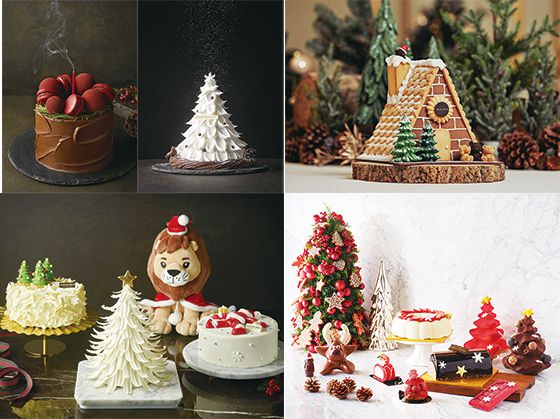 왼쪽 위부터 시계 방향으로 서울신라호텔 크리스마스 케이크 ‘위싱 리스’ ‘화이트 홀리데이’, 롯데호텔 서울&월드의 베어 쇼콜라 하우스 케이크, 그랜드 하얏트 제주 ‘델리’ 크리스마스 케이크와 디저트, 조선팰리스 서울 강남의 ‘럭셔리 컬렉션 크리스마스 케이크’. (각 사 제공)