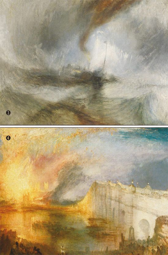 (3)윌리엄 터너, 스노우스톰, 캔버스에 유채, 122x91㎝, 1842년. 낭만주의자답게 폭풍우 치는 바다 한가운데서 난파 직전의 표류하는 장면을 그리기 위해 죽음을 불사하고 배의 돛에 스스로를 묶어 관찰하고 실험했다.  (4)윌리엄 터너, 1834년 10월 16일 불타는 국회의사당, 캔버스에 오일, 1835년경, 필라델피아미술관.