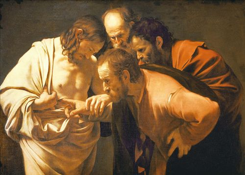 성 도마의 의심, 유화, 1601~1602년, 107×146㎝, 독일 포츠담 상수시 미술관(Sanssouci Picture Gallery).