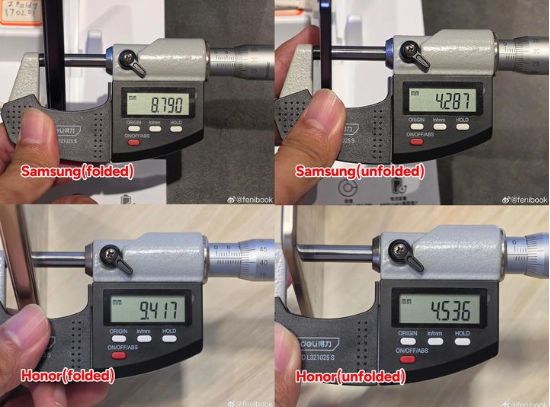 온라인 커뮤니티에 게시된 갤럭시 Z 폴드7과 매직 V5의 두께 실측정 결과. (사진=레딧 갈무리)