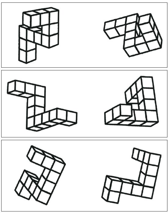 쉐퍼드(Shepard)와 메츨러(Metzler)가 발표한 논문(1971년)에 실린 ‘정신적 회전’ 실험에서 사용된 도형. 위-같은 모양이지만 종이 위에서 시계 방향이나 반대 방향으로 돌려놓은 것, 가운데-같은 모양이지만 앞뒤·위아래로 3차원 공간에서 돌려놓은 것, 아래-거울에 비친 반대 모양으로 바뀌었고, 동시에 앞뒤·위아래로 3차원에서 돌려놓은 것. 회전 각도가 클수록 같은 도형인지 판단하는 데 시간이 오래 걸렸다. 시각적으로 사고한다는 뜻이다.
