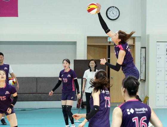 11년 만에 국내무대에 복귀한 김연경이 29일 훈련에서 후위공격을 하고 있다. 용인=정시종 기자