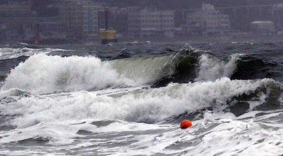 제5호 태풍 '장미'가 북상함에 따라 부산지역에 태풍주의보가 발효된 10일 오후 해운대해수욕장에 거센 파도가 몰아치고 있다. 송봉근 기자