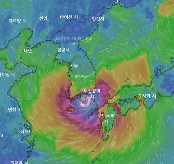 9월 2일 윈디가 예측한 마이삭의 경로. 사진 화면 캡처