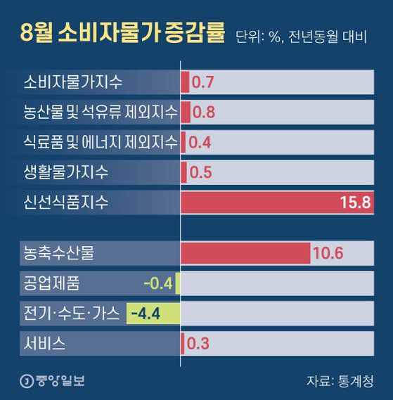 8월 농축산물 물가 상승이 두드러졌지만 공업제품과 전기·수도·가스에서는 하락하는 모습을 보였다. 그래픽=신재민 기자 shin.jaemin@joongang.co.kr