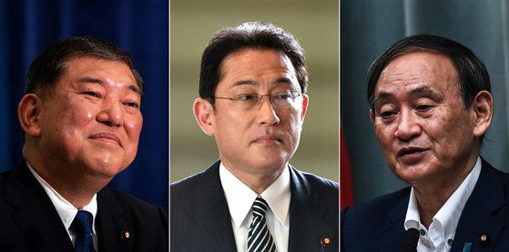 자민당 차기 총재 선거에 출마한 이시바 시게루 전 자민당 간사장, 기시다 후미오 자민당 정조회장, 스가 요시히데 관방장관(왼쪽부터). [AFP=연합뉴스]