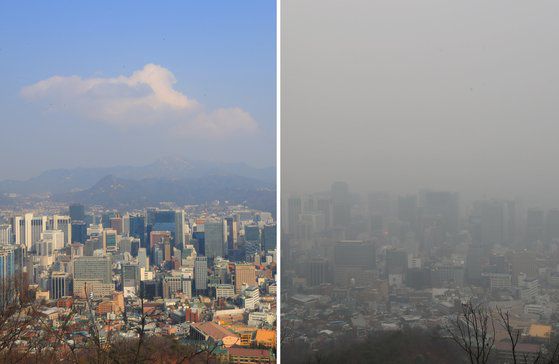 지난해 3월 7일 오전 서울 중구 남산에서 바라본 서울 도심 일대 하늘이 미세먼지가 걷히며 푸른빛을 띄고 있다.(사진 왼쪽) 전날 오후 바라본 서울 도심의 잿빛 하늘(사진 오른쪽)과 대조를 보이고 있다. 연합뉴스