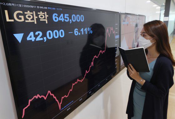 17일 오후 서울 종로구 연합인포맥스 모니터에 LG화학 주가 그래프가 표시되고 있다. 연합뉴스