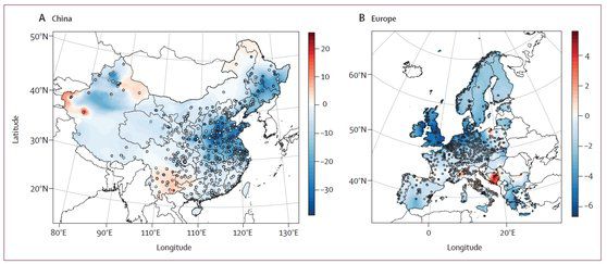 코로나19 봉쇄로 인한 중국과 유럽의 초미세먼지 농도 변화. 오른쪽 막대 숫자 단위는 ㎍/㎥이다.