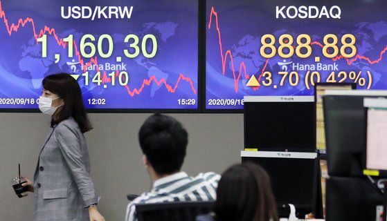 18일 오후 서울 중구 하나은행 본점 딜링룸 전광판에 원·달러 환율이 14.1원 내린 1,160.3원을 나타내고 있다. 뉴스1