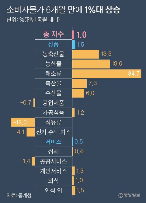 소비자물가 6개월 만에 1%대 상승. 그래픽=박경민 기자 minn@joongang.co.kr
