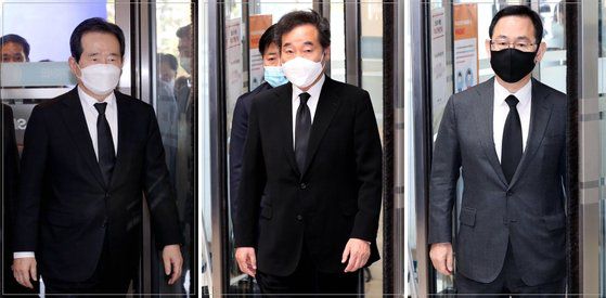 고 이건희 회장의 빈소를 찾은 정세균 국무총리, 이낙연 더불어민주당 대표, 주호영 국민의힘 원내대표(왼쪽부터)