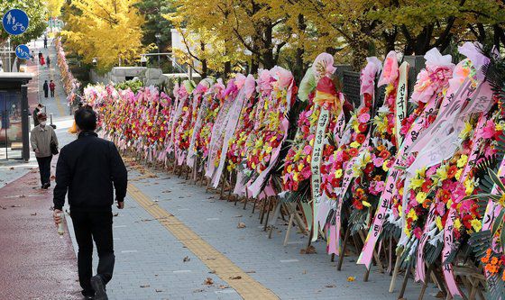 지난달 28일 오후 서울 서초구 대검찰청 앞 거리에 윤석열 검찰총장 지지자들이 보낸 화환들이 늘어서 있다. [뉴스1]