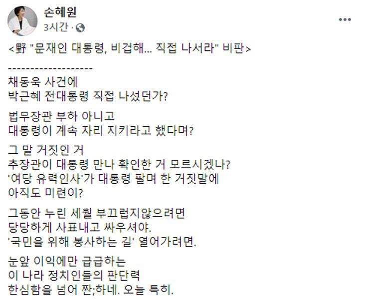 손혜원 전 의원이 25일 자신의 페이스북에 올린 글. 페이스북 캡처