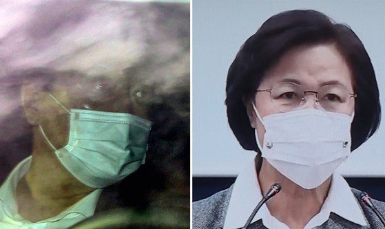 추미애 법무부 장관이 24일 윤석열 검찰총장 감찰 결과와 관련, 긴급 브리핑을 열어 윤 총장에 대한 징계청구 및 직무배제 방침을 밝히고 있다(오른쪽 사진).   왼쪽 사진은 이날 대검찰청으로 출근하는 윤 총장. 연합뉴스