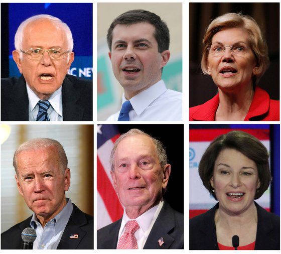미국 민주당 대선 경선 주자인 버니 샌더스(위 왼쪽부터), 피터 부티지지, 엘리자베스 워런, 조 바이든, 마이클 블룸버그, 에이미 클로버샤(아래 맨 오른쪽) 후보. [로이터=연합뉴스]