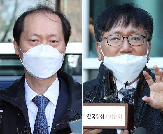 윤 총장 측 법률 대리인인 이완규 변호사(왼쪽)와 법무부 측 추미애 장관의 법률 대리인인 이옥형 변호사(오른쪽)가 각각 취재진 질문에 답하고 있다. 연합뉴스