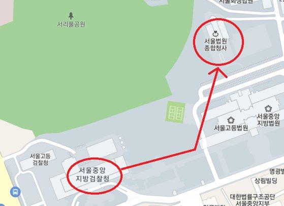 옵티머스의 ‘복합기 임대료 지원’ 의혹과 관련해 검찰 수사를 받던 이낙연 더불어민주당 대표 측근이 사망 전 움직인 동선 추정도.[사진 카카오지도]