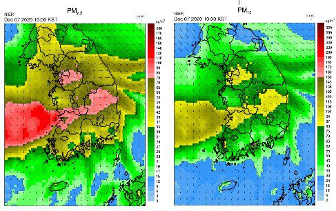 7일 오전 10시 국내 초미세먼지(PM2.5), 미세먼지 이동 시뮬레이션. 자료 국립환경과학원