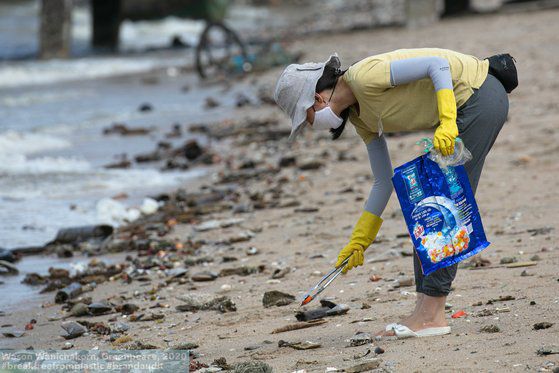 자원봉사자들이 플라스틱 쓰레기를 수거하는 모습. BFFP