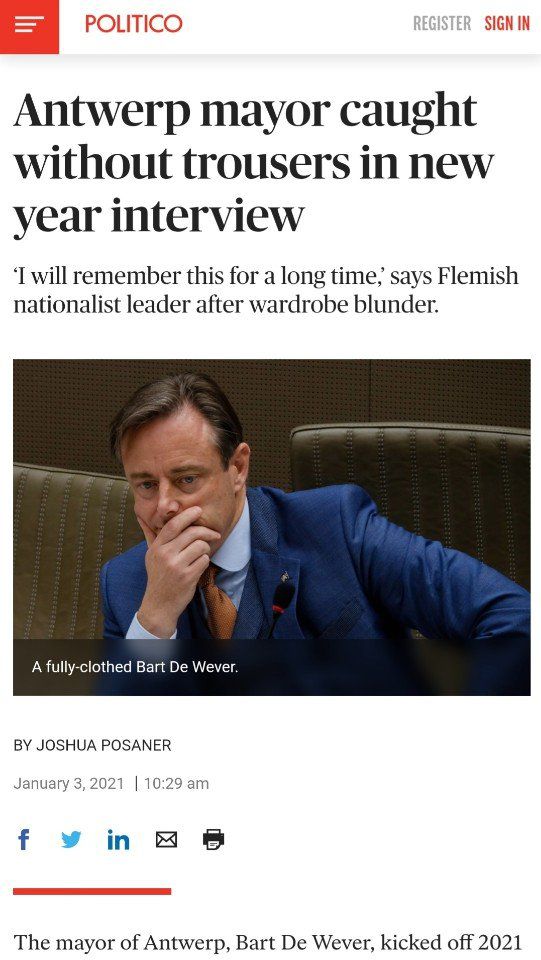 바르트 데 베버 시장의 '노팬츠' 인터뷰 소식을 전한 폴리티코 보도. [폴리티코 캡처]