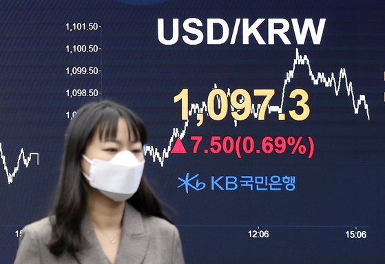 (서울=뉴스1) 박세연 기자 = 11일 서울 영등포구 KB국민은행 여의도지점 스마트딜링룸 전광판에 원달러 환율이 전일대비 7.5원 오른 1,097.3원에 장을 마감하고 있다.   이날 장초반 3260선까지 치솟았던 코스피지수는 개인의 4조원이 넘는 사상 최대 규모 순매수에도 기관과 외국인의 동반 순매도에 소폭 하락 마감했다. 2021.1.11/뉴스1