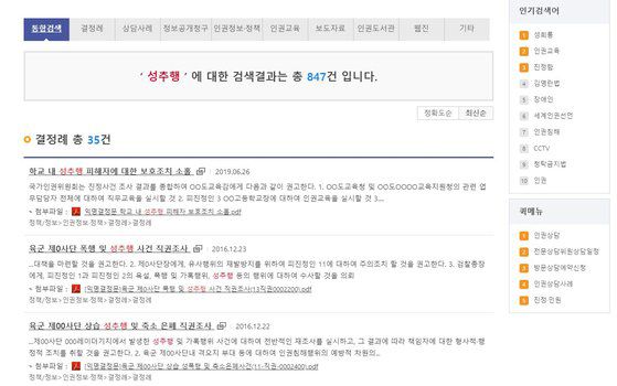 성추행으로 판단한 인권위 결정례로 35건이 검색된다. [인권위 홈페이지 캡쳐]