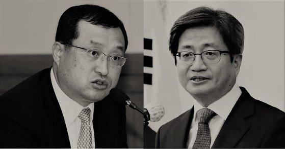 김명수 대법원장(오른쪽)과 지난해 5월 사의 면담 당시 ″탄핵 발언" 여부를 놓고 진실 공방을 벌이고 있는 임성근 부산고법 부장판사(왼쪽). 연합뉴스