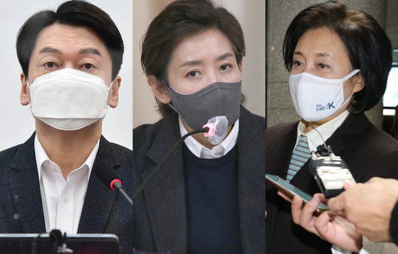 왼쪽부터 안철수 국민의당 대표, 국민의힘 소속 나경원 전 의원, 박영선 전 중소벤처기업부 장관. 뉴스1