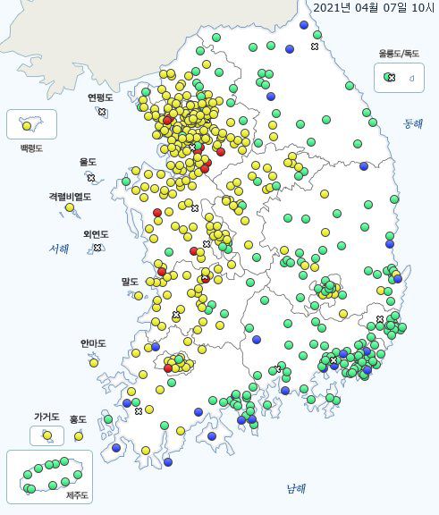 7일 오전 10시 전국의 초미세먼지(PM2.5). 자료 국립환경과학원
