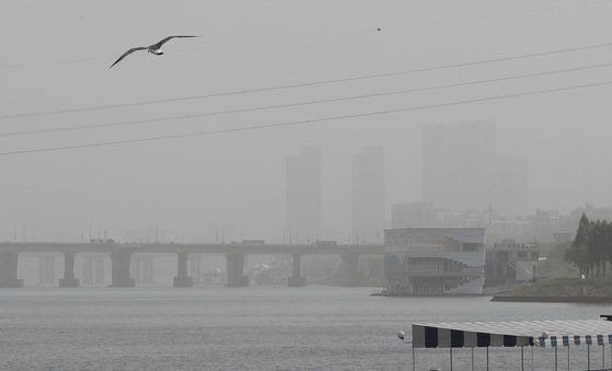 8일 오전 한강공원 반포지구에서 바라본 서울도심이 황사에 뒤덮여 뿌옇게 보이고 있다. 뉴스1