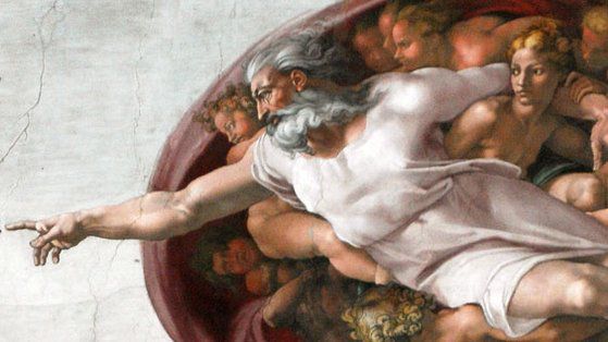 미켈란젤로의 작품 '천지창조'에서 아담을 창조하고 있는 하느님의 모습이다.