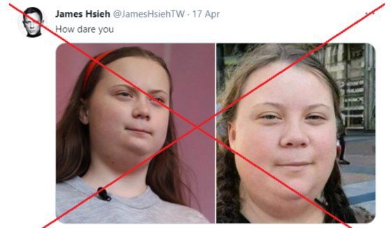 AFP통신은 그레타 툰베리의 살찐 사진은 조작된 것이라는 팩트체크 기사를 올렸다. [트위터]