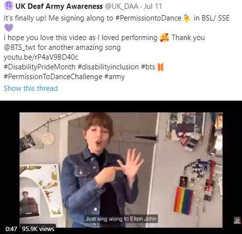 방탄소년단 신곡 전체를 수어로 담아낸 여성.