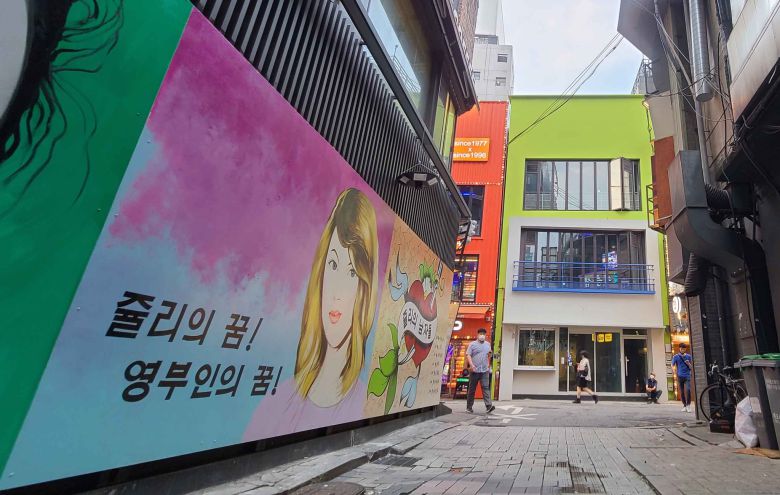 28일 서울 종로구 관철동 종로 12길의 한 건물 벽면에 윤석열 전 검찰총장 부인 김건희 씨를 비방하는 내용의 벽화가 그려져 있다. 강정현 기자