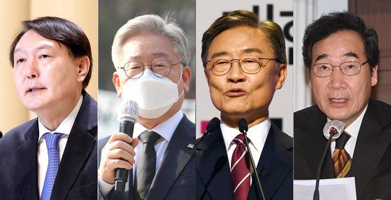 윤석열 전 검찰총장(맨왼쪽), 이재명 경기도지사(왼쪽 둘째), 최재형 전 감사원장(왼쪽 셋째), 이낙연 전 더불어민주당 대표(호감도순). 연합뉴스·뉴스1·뉴시스