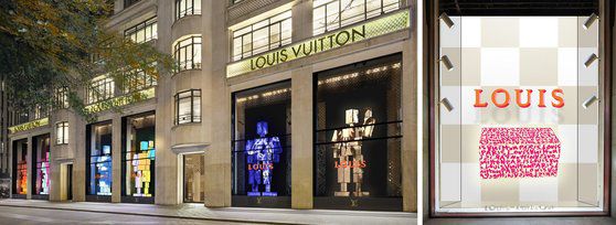 트렁크 작품들은 전 세계 루이비통 매장의 쇼윈도에 장식된다. 로봇 형태로 쌓아올리거나(왼쪽)과 스크린을 활용해 트렁크를 공중에 띄운 형태(오른쪽)로 보여준다. 사진 루이비통