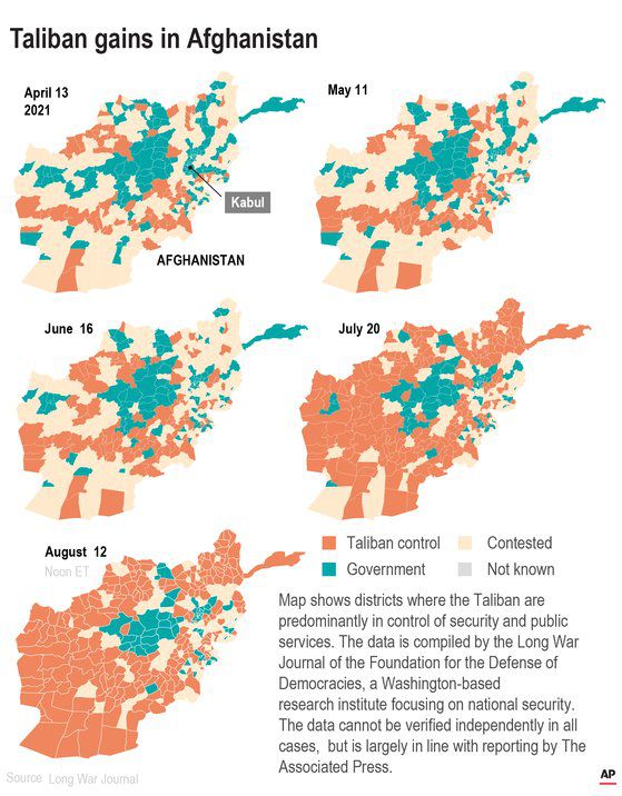 지난 4월 이후 탈레반이 점령한 아프가니스탄 지역. [AP=연합뉴스]