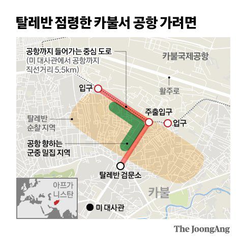 탈레반 점령한 카불서 공항 가려면. 그래픽=차준홍 기자 cha.junhong@joongang.co.kr