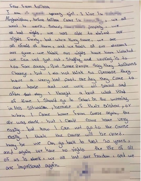 졸리가 자신의 인스타그램에 공개한 아프간 10대 소녀의 편지. [안젤리나 졸리 인스타 캡처]