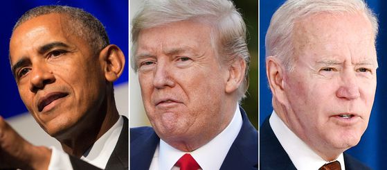 버락 오바마 전 미국 대통령, 도널드 트럼프 전 미국 대통령, 조 바이든 미국 대통령. [AFP=연합뉴스]