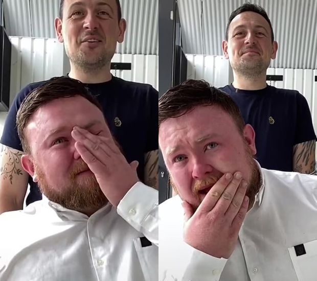 싱클레어가 헤어 시술을 받고 달라진 자기 모습에 감동해 눈물을 흘리고 있다. 틱톡 캡처