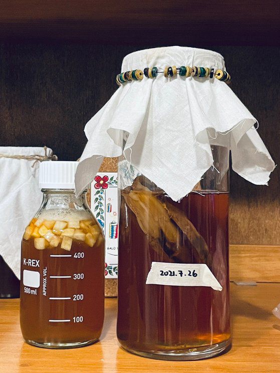 왼쪽은   복숭아를 넣고 2차 발효 중인 콤부차, 오른쪽은 새롭게 발효를 시작한 콤부차다. 각각 발효를 시작한 날짜를 적고 해가 들지 않는 곳에   가만히 두었다. 며칠 간의 기다림의 시간이 필요하지만 바쁜 일상에 건강함이 익어가는 시간이라 생각하면 뿌듯하다.  [사진 임승현]