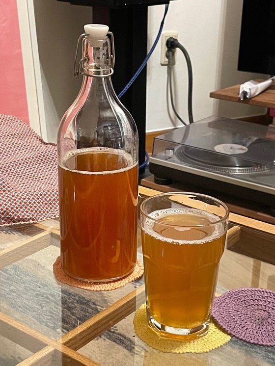 6일간의   발효 끝에 완성된 콤부차. 콤부차 원액에 약간의 탄산수를 섞어서 마시면 여름 더위가 싹 날아간다. [사진 임승현]