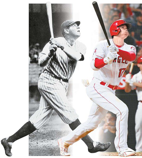 오타니(오른쪽)가 약 100년 만에 루스를 소환했다. ‘원조 투타 겸업’ 루스에 버금가는 활약을 보여줬다. [중앙포토, USA투데이=연합뉴스]