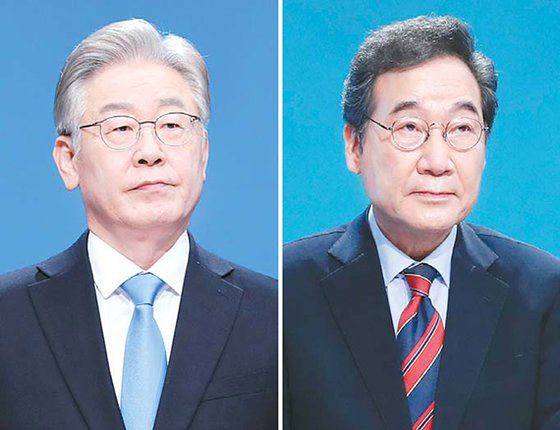 더불어민주당 대통령선거 후보자 방송토론회가 5일 경기도 부천시 OBS경인TV에서 열렸다. 경선 후보인 이재명 경기지사(왼쪽)와 이낙연 전 대표가 토론 준비를 하고 있다. [국회사진기자단]