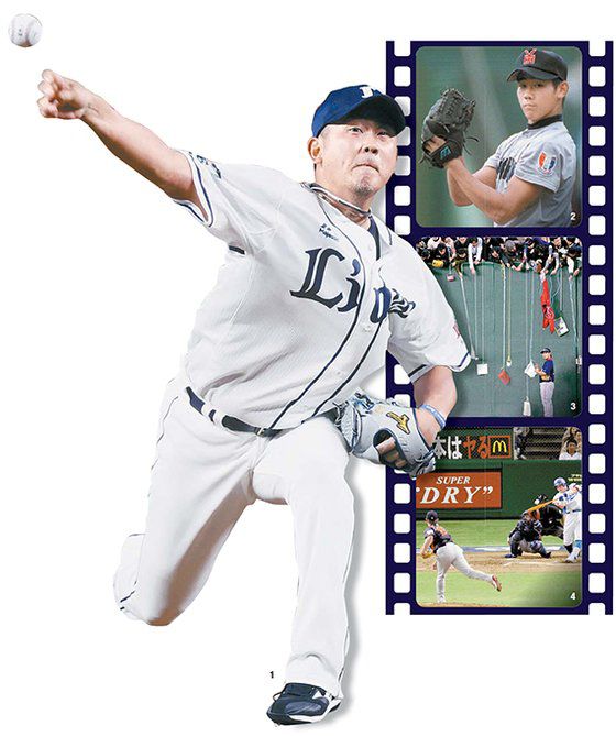 ① 은퇴 경기에서 투구하는 마쓰자카 ② 요코하마 고교시절의 앳된 모습 ③ 보스턴 유니폼을 입고 찾은 도쿄돔에서 일본 야구팬들에게 사인을 해주는 모습 ④ 2009년 WBC에서 김태균에게 홈런을 맞는 장면. [교도=연합뉴스, 로이터, 중앙포토]