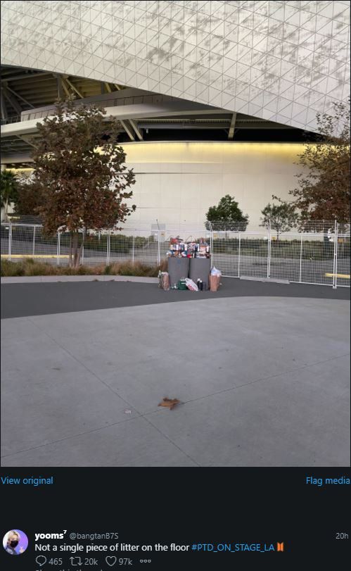 BTS 공연이 열리는 LA 소파이 스타디움 주변이 깨끗하게 정돈돼 있는 모습. [트위터 캡처]