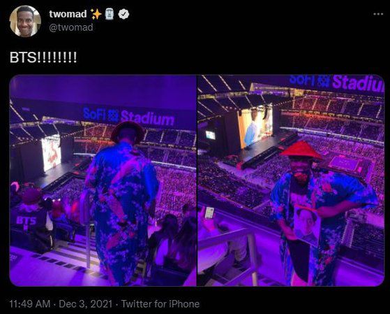 미국에서 활동하는 캐나다인 유튜버 'twomad'가 지난 3일(현지시간) BTS 공연이 열린 로스엔젤레스 소파이 스타디움을 배경으로 올린 사진. [트위터 캡처]